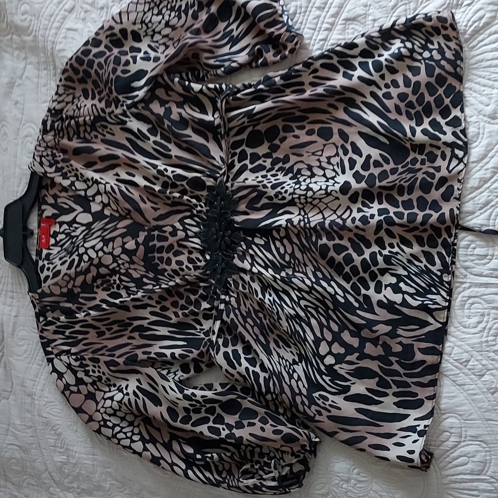XL Sheer Embellished Black /Tan Safari Print Tie Back V-neck Blouse